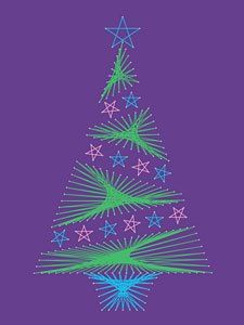 a drawing of a christmas tree on a purple background with green and blue starbursts