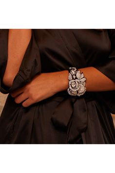 Featured in QUEST Magazine/December 2019. This beautiful rose hinged cuff bracelet, with its rhinestone and black enamel detail, is the perfect accessory for not only a formal event, but also a classic everyday look.    Rhinestone and black enamel 2 1/4 diameter Pave Bangle, Spike Bracelet, Latest Bracelets, Pave Bracelet, Pave Jewelry, Open Cuff Bracelet, Rose Bracelet, Gold Bracelet Cuff, Hinged Bracelet