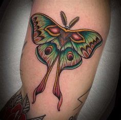 a colorful butterfly tattoo on the left arm and leg, with an insect in it's wings