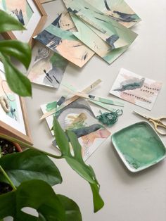 some pictures and scissors on a table next to a potted plant with green leaves