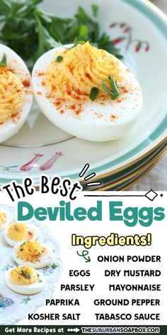 deviled eggs on a plate with herbs and seasoning