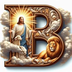 the letter b is painted with an image of jesus and a lion in it's letters