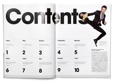 an open magazine with a man in a suit on it's cover and the words content