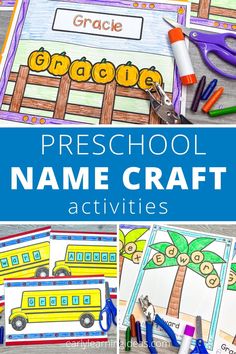 Prep for  back-to-school season with these fun and easy name craft ideas! Perfect for preschool, PreK, TK, SPED, and kindergarten, the editable activities teach name recognition, letters, and build fine motor skills.  Kids will get cutting practice, trace lines, and even hole punch with the printable cut and paste name crafts.. From space, Chicka Chicka Boom Boom coconut tree, apples, trains, caterpillars, ladybugs, painting crafts, and more with fun ideas for spring, summer, fall, and winter. Preschool Name Practice Activities, Name Crafts Preschool, Preschool Name Activities, Preschool Name Crafts, Chicka Chicka Boom Boom Activities, Adapted Art, Name Writing Activities, All About Me Crafts