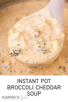 instant pot broccoli cheddar soup with a spoon in it