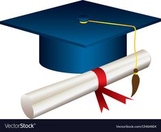 a blue graduation cap and tassel with a red ribbon