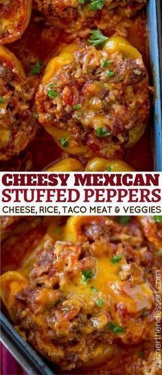 cheesy mexican stuffed peppers in a casserole dish with text overlay