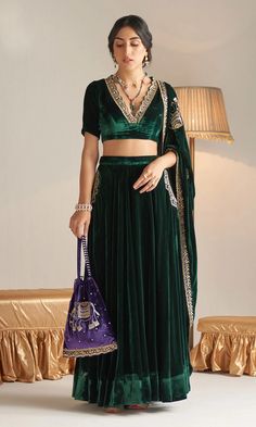 Purple Velvet Lehenga, Velvet Blouse Designs Indian, Green Velvet Blouse, Dabka Work, Shawl Neckline, डिजाइनर कपड़े, Blouse Lehenga, Velvet Lehenga