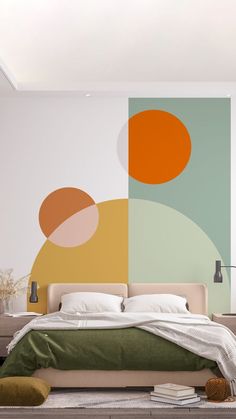 a bedroom with an abstract wallpaper and bed