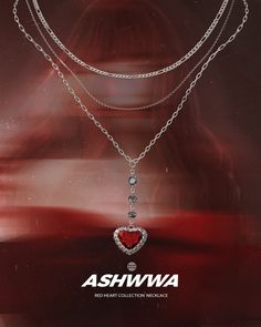 an advertisement for ashwa jewelry featuring a heart pendant and two chain necklaces on a woman's chest