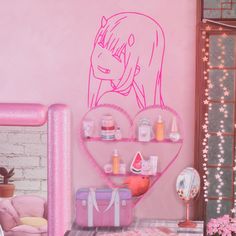 there is a pink room with a heart shaped shelf on the wall and various items in front of it