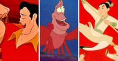 the animated characters from disney's beauty and the beast are shown in three different scenes