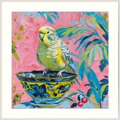 a painting of a yellow parakeet perched on a bowl with pink flowers in the background