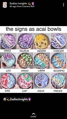 the signs as acai bowls are shown in different colors and sizes, with zodiac symbols on them