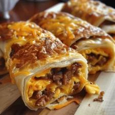 two burritos cut in half on a wooden cutting board with cheese and meat