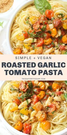 roasted garlic tomato pasta in a white bowl with basil leaves and seasoning on top