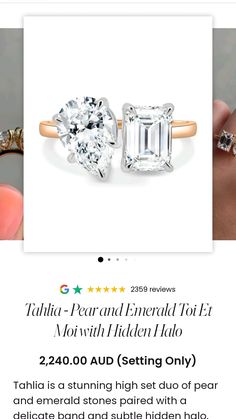 an ad for a diamond ring with the price tag below it and description in english