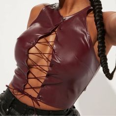 Never Worn Tags Unattached Sold Out Online Color Burgundy Lace Up Front Faux Leather Racerback Amsterdam Clothing, Suede Crop Top, Purple Lace Top, Pink Tube Top, Burgundy Fashion, Faux Leather Top, Cropped Long Sleeve Top, Burgundy Lace, Fashion Nova Tops