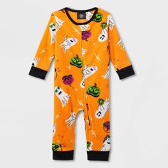 Bring a cute twist to your baby's seasonal sleepwear with this Halloween Ghosts Fleece Union Suit from Hyde & EEK! Boutique™. Made from lightweight fleece fabric, the long-sleeve pajamas help keep them snug and comfortable all night. Best of all, it's designed with a front full-length zipper for comfortable dressing, while a chin snap tab protects their chin from scratches. Designed in an orange hue, it features allover floating ghosts and colorful jack-o'-lantern graphics for cute Halloween-the Baby Halloween Ghost, Baby Halloween Pumpkin, Floating Ghosts, Union Suit, One Piece Clothing, One Piece Pajamas, Baby In Pumpkin, Baby Boutique, Long Sleeve Pyjamas