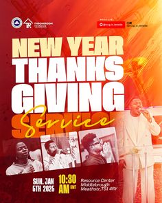 a poster for the new year thanks giving service with two men standing in front of microphones