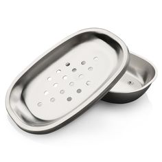 two stainless steel trays with holes on the side and one has an open lid