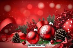 red christmas balls and pine cones on a red background with snowflakes, stars and ribbons