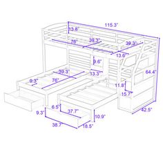 bunk bed with storage drawers and measurements for the bottom drawer, shown in blue ink