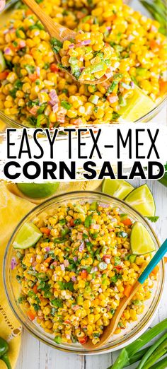 two bowls filled with mexican corn salad on top of a white wooden table next to green beans