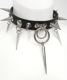 Genuine black leather, 19mm wide. Roller buckle in the back for closing. Spikes are 25mm high. Acrylic spike 50mm long. Acrylic spikes 34mm long. Acrylic spikes 20mm long. Style: rock, gothic, grunge, industrial, punk, harajuku, metal Black Spiked Choker, Spikes Aesthetic, Spike Accessories, Spiky Collar, Grunge Punk Outfits, Industrial Punk, Alt Jewelry, Spiked Choker, Spiked Collar