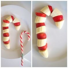 two pictures of candy canes on a plate