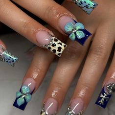 Nails Inspiration Floral, Blue Inspired Nails, Blue Cheetah Print Nails, Blue Nails Square, Blue Square Nails, Nails Leopard, Y2k Spring, Nails Floral, Cheetah Nails