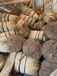 many bundles of straw are stacked up together