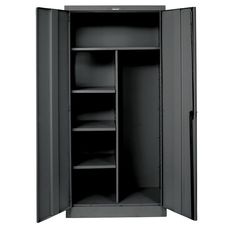 an empty metal storage cabinet with shelves on the bottom and one door open to reveal clothes