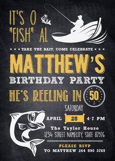 a chalkboard birthday party with a fishing theme on it's black card board