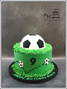 a soccer themed birthday cake with green frosting and black icing on the top