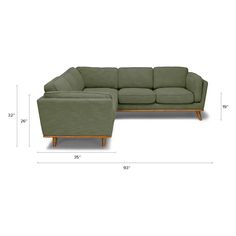 the sectional couch and ottoman is shown with measurements