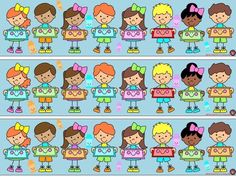 a set of cartoon children with different hair styles and colors, all wearing bows on their heads