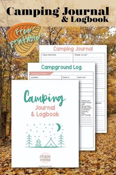 the camping journal and logbook are on display in front of some trees with leaves