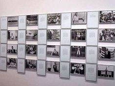 a wall with many pictures on it and some words written in black and white letters