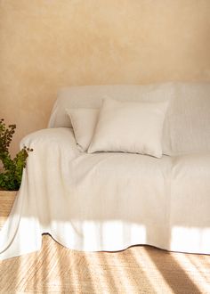 a white couch sitting next to a potted plant