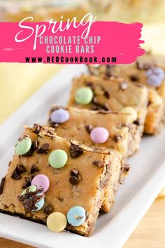 chocolate chip cookie bars on a white plate with pink text overlay reading spring chocolate chip cookie bars