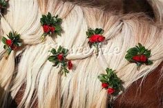 the horse has long blonde hair with red flowers on it's back end and manes