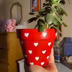 a hand holding a potted plant with hearts painted on it