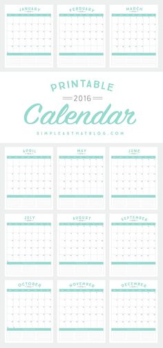 the printable 2016 calendar is shown in aqua and white with green trimmings