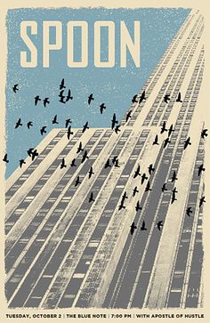 a poster with birds flying in front of a tall building and the words spoon on it