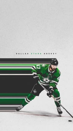 an image of a hockey player going for the puck in front of a green and white background