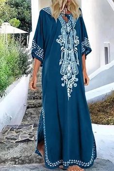 US$ 39.89 - Casual V Neck Embroidery Maxi Dress - www.streetally.com Summer V-neck Dress With Geometric Embroidery, Casual Embroidered Maxi Dress For Vacation, Casual Long Floral Embroidery Dresses, Short Sleeve Embroidered Vacation Dress, Floral Embroidered Dress For Beach, Casual Maxi Dress With Embroidered Hem, Embroidered V-neck Vacation Dress, Long Embroidered Dress With Floral Embroidery For Vacation, Elegant Summer Tunic Embroidered Dress