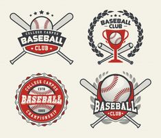 four baseball emblems with bats, ball and trophy on white background stockvector