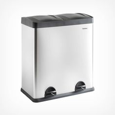 a stainless steel trash can with two black plastic bins on the front and bottom