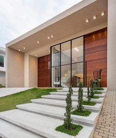 there are many steps that lead up to the front of this modern house with glass windows